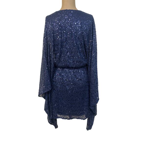 Halston Mini Dress Navy Blue Catalina Sequin V Neck Caftan Cocktail $425 - Picture 6 of 8